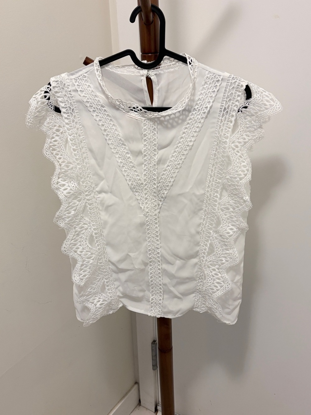 White Lace-Trim Flutter Sleeve Women's Top